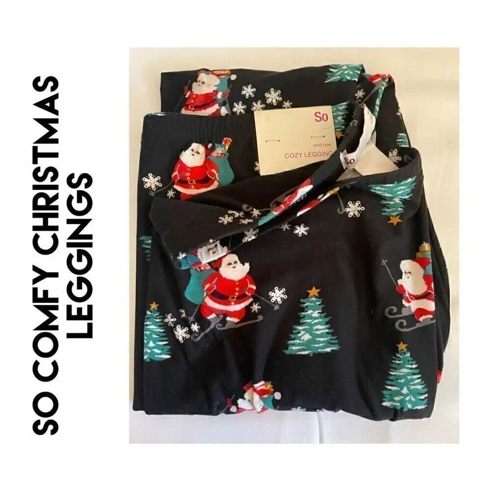 So Mid Rise Comfy Christmas Leggings Santa Skiing Size Large-NWT